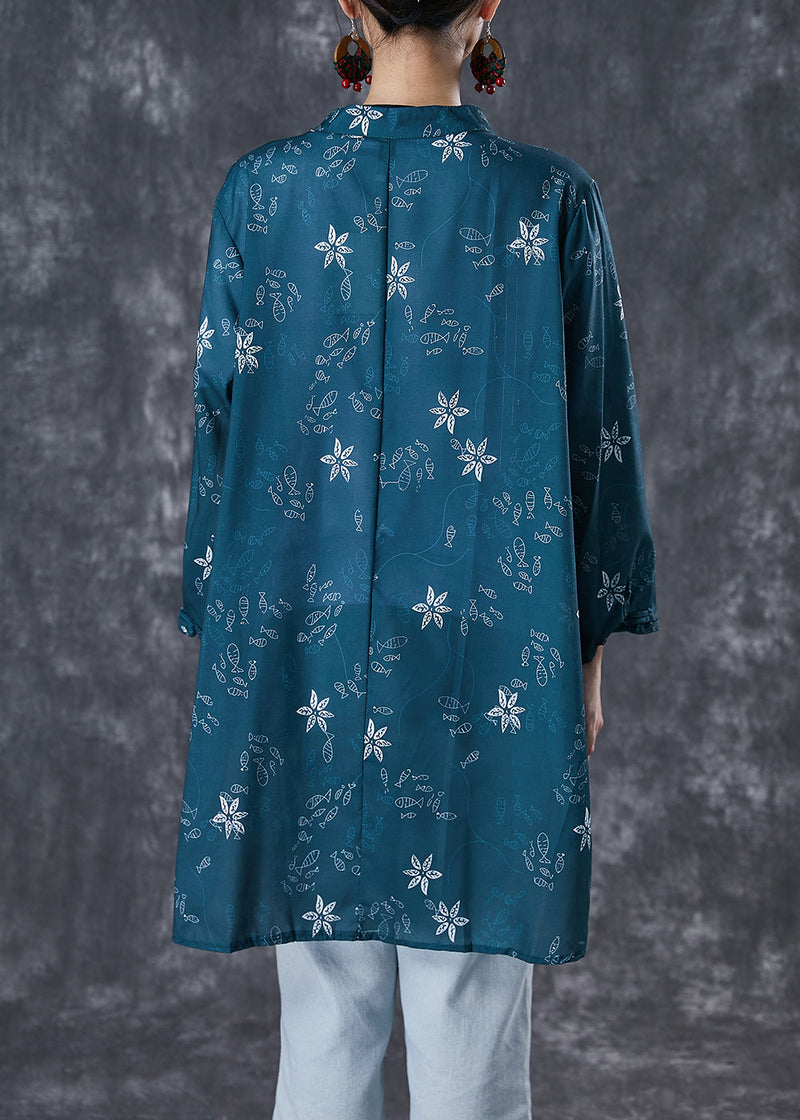 Blackish Green Print Chinese Button Cotton Shirt Fall