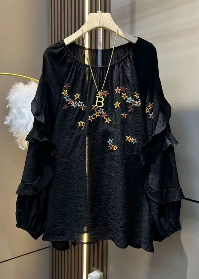 Loose Black Embroidered Ruffled Cotton Tops Long Sleeve