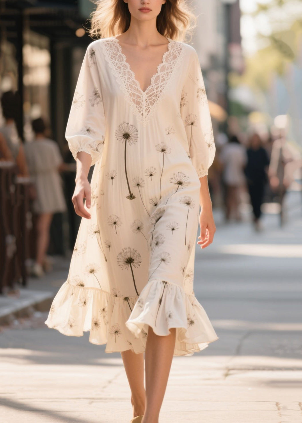 White Print Patchwork Chiffon Long Dress Bracelet Sleeve