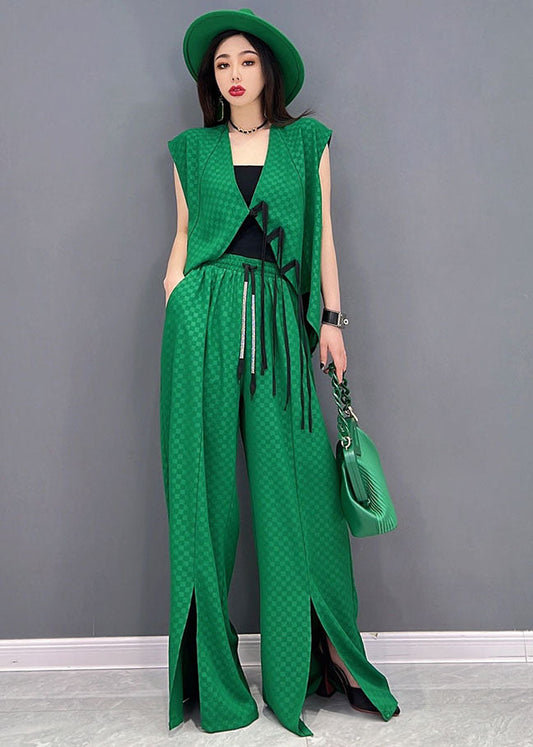 Classy Green Plaid Side Open Chiffon Vest and Wide Leg Pants Two Piece Set Outfits Summer