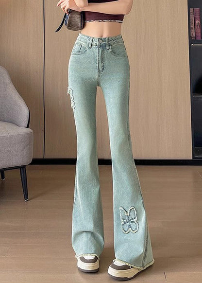 Blue Butterfly Decorated Denim Flare Bottoms Fall
