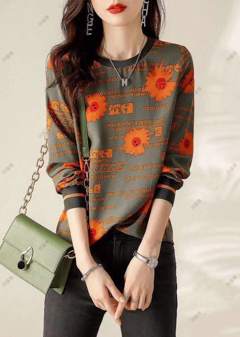 Classy Army Green Print Cotton Tops Spring