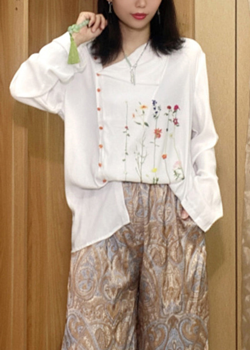 Italian White O-neck Print Button Cotton Top Fall