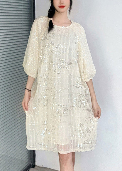New Apricot O-neck Sequins Patchwork Dresses Summer