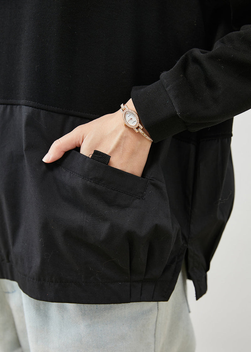Black Patchwork Cotton Sweatshirt Oversized Spring