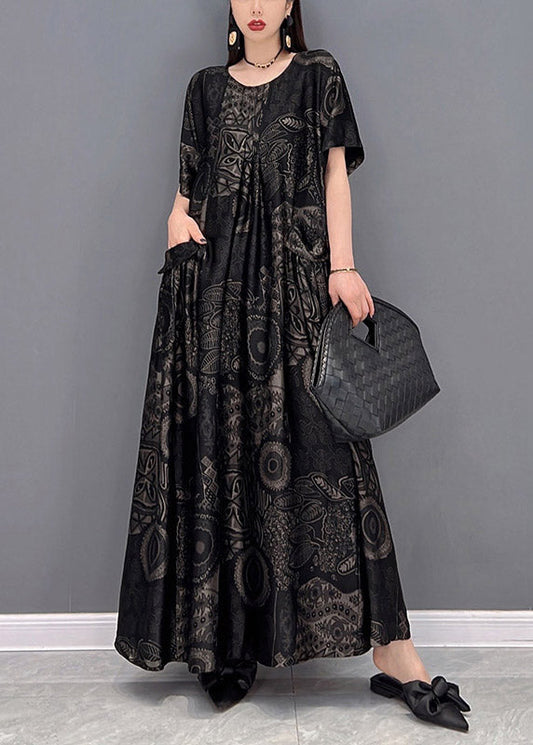 Black O-neck Print Pockets Long Dresses Short Sleeve