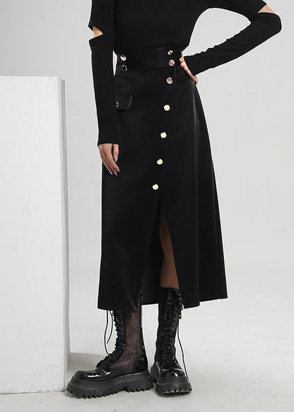 Black Asymmetrical Button Corduroy Skirt Spring