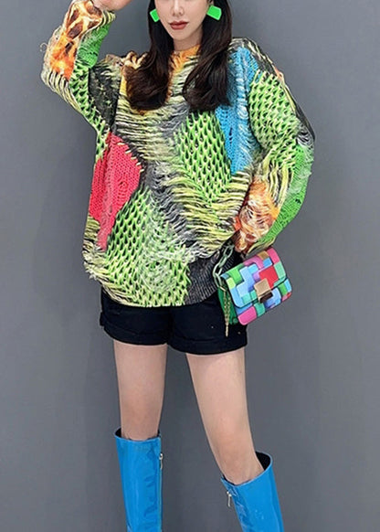 Unique Green O-neck Hollow Out Patchwork Knit Top Fall