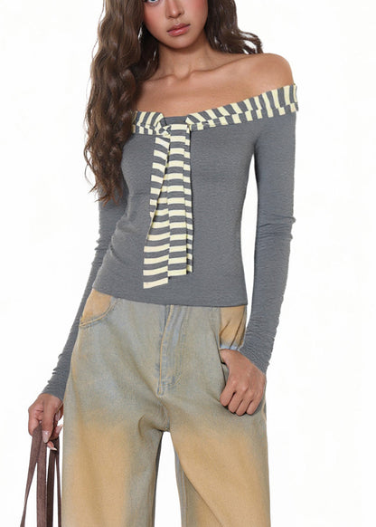 Grey Yellow Striped Patchwork T Shirt Long Sleeve