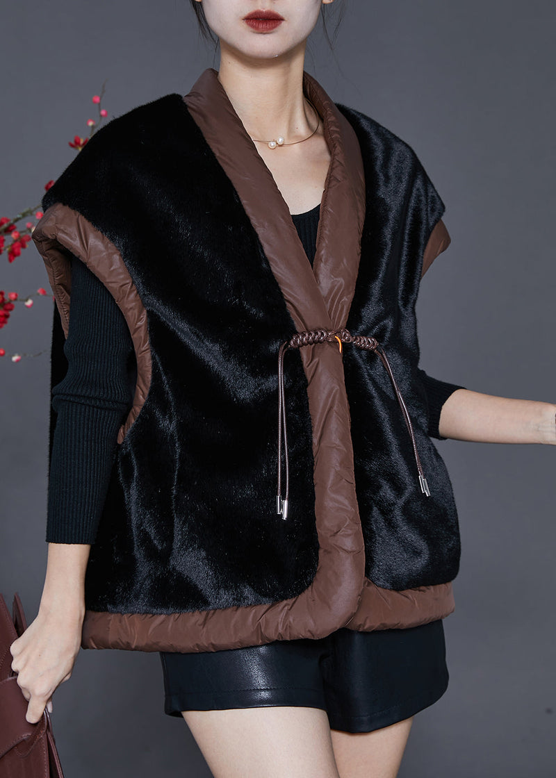 Black Chinese Button Patchwork Mink Velvet Vests Spring
