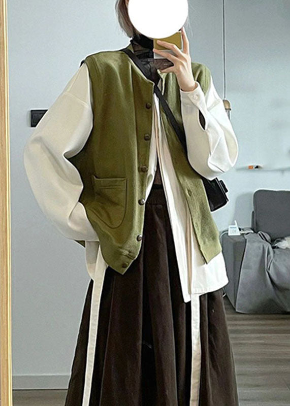 Army Green Stand Collar Button Cardigans and Shirts Two Piece Set Long Sleeve