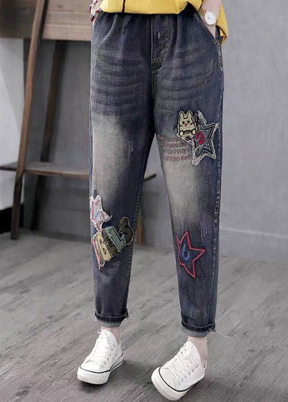 Blue Embroideried Pockets Patchwork High Waist Denim Pants Spring