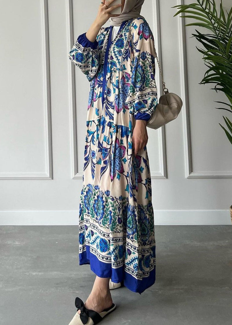 Loose Red V Neck Button Print Cotton Long Dress Long Sleeve