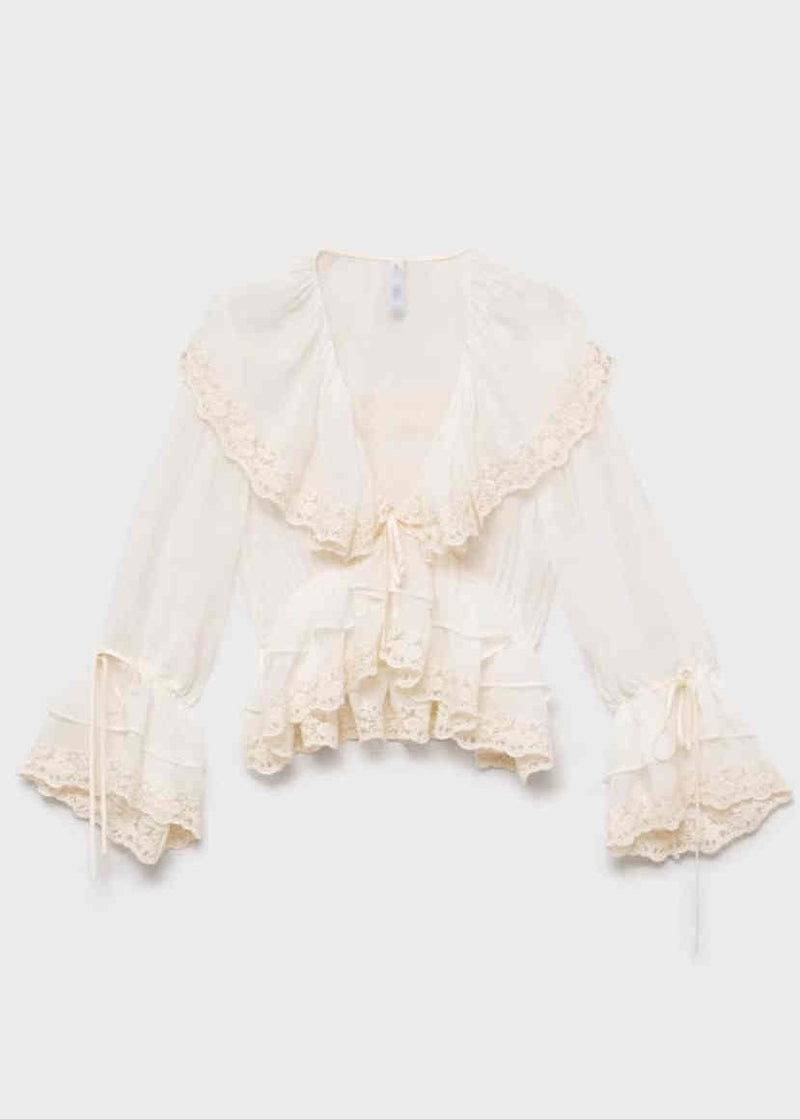 White V Neck Lace Patchwork Chiffon Fall