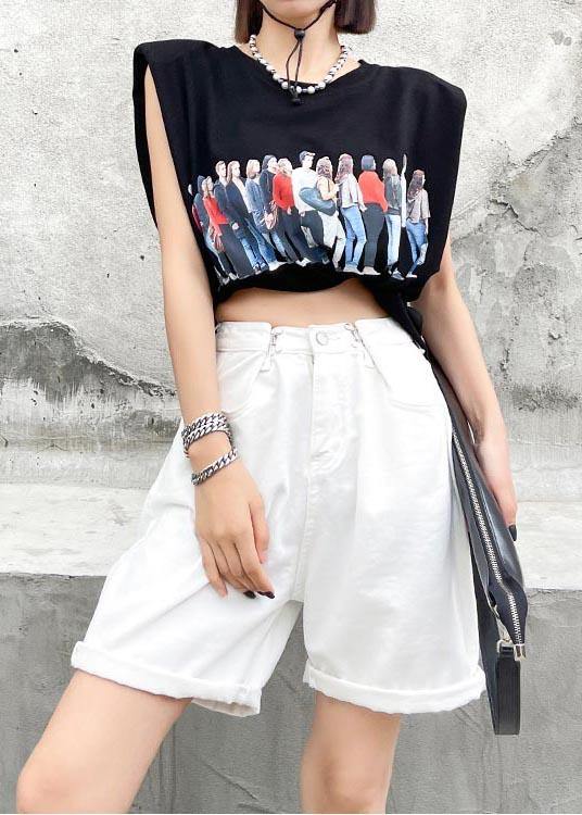 Handmade White High Waist Denim Wide Leg Hot Pants Summer