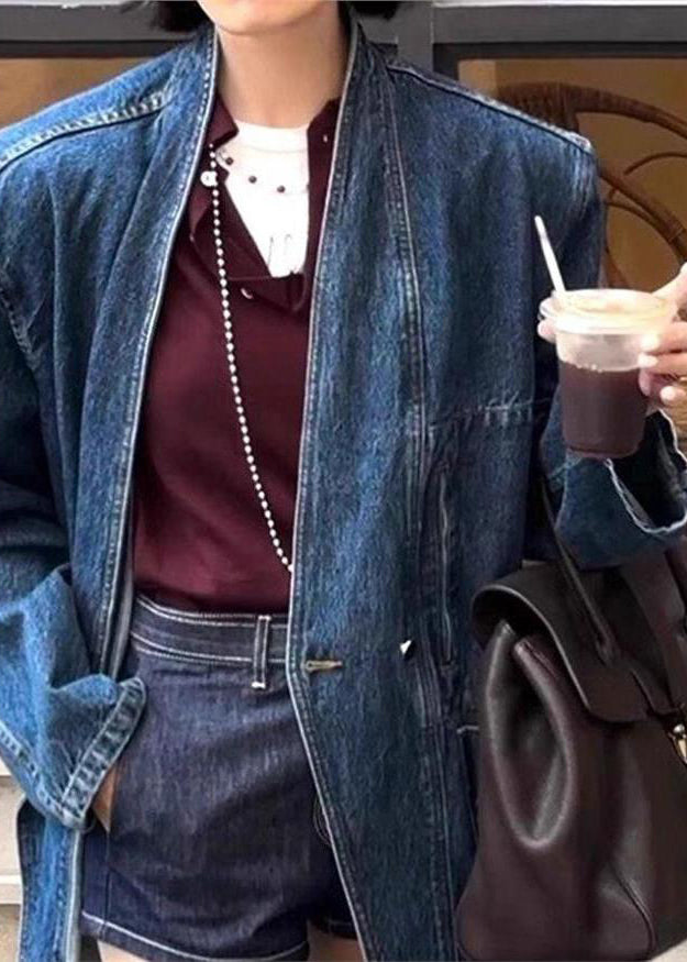 Blue V Neck Button Pockets Denim Coat Spring
