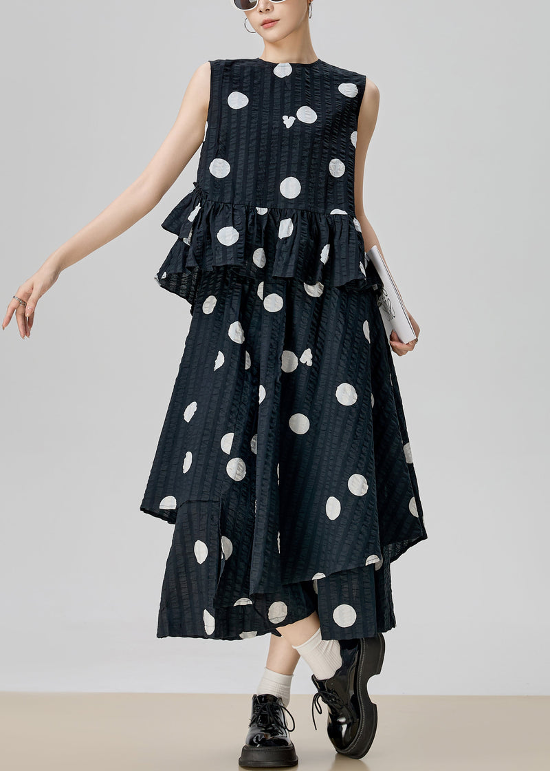 New Black Dot Tops and Pants Skirt Cotton Two Piece Set Sleeveless