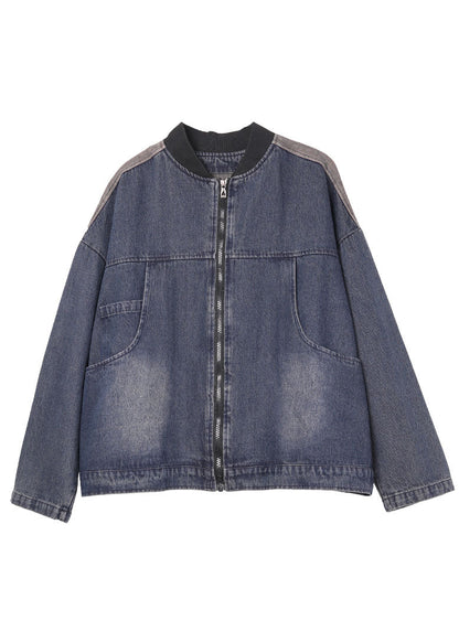 Blue Denim Zippered Pockets Fall Coat Long Sleeve