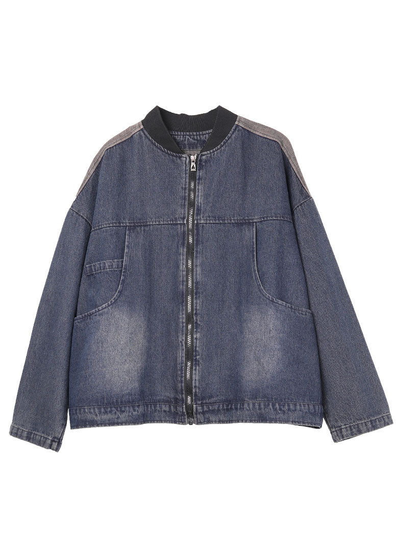 Blue Denim Zippered Pockets Fall Coat Long Sleeve