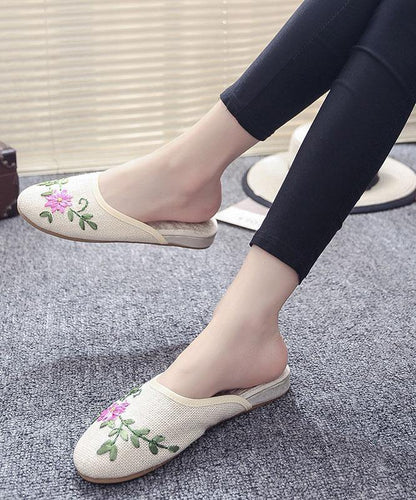 Khaki Embroideried Linen Fabric Slippers Shoes
