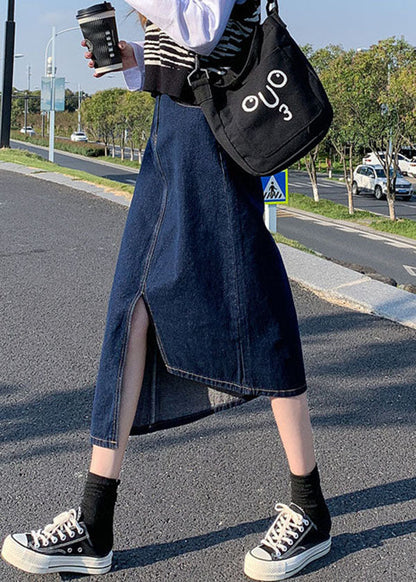 Navy Side Open Asymmetrical Pocket Cotton Denim Wraped Skirts Summer
