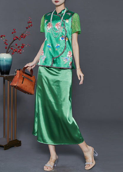 Green Embroidered Draping Silk Dresses Two Pieces Set Summer