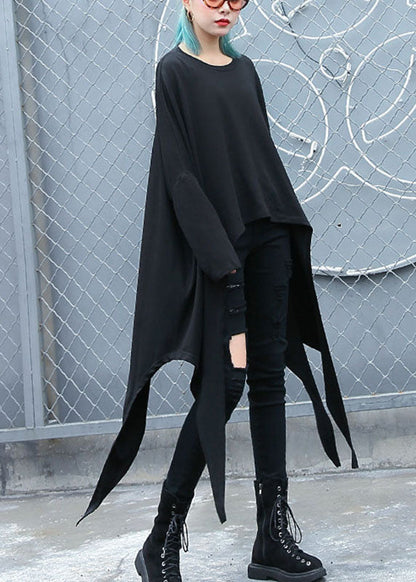 Fitted Black O-neck Asymmetrical Design Loose Fall Long Sleeve Top