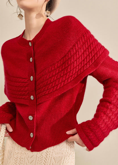 Vogue Red Button Shawl Fake Two Pieces Thick Cotton Knit Sweater Spring