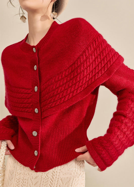 Vogue Red Button Shawl Fake Two Pieces Thick Cotton Knit Sweater Spring