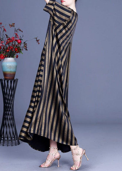 Natural Chocolate Striped O-neck Summer Silk Party Dress