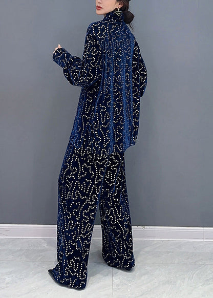 Italian Blue Sequins Tops and Pants Velour Two Piece Suit Set Fall