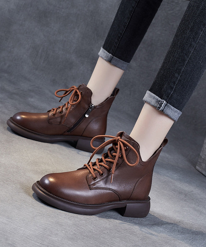 Brown Lace Up Chunky Boots Cowhide Leather Ankle Boots