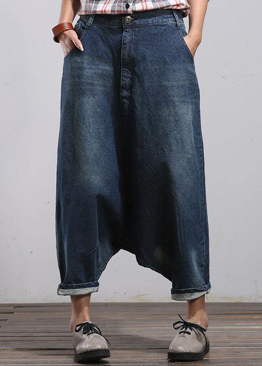 Modern Blue Pockets Wrinkled Fall Harem Denim Pants