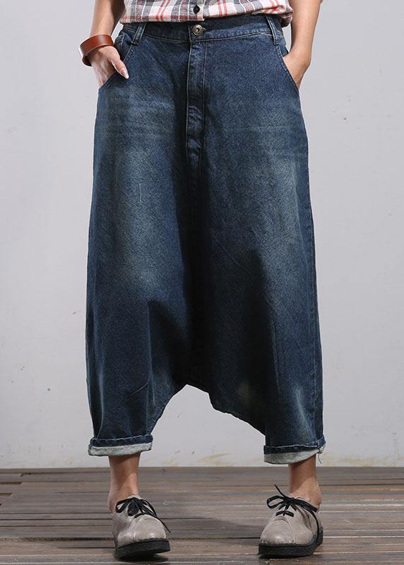 Modern Blue Pockets Wrinkled Fall Harem Denim Pants