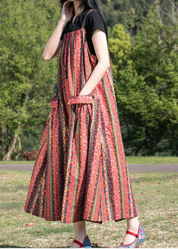 Red Slash Neck Maxi Striped Patchwork Spaghetti Dress Summer