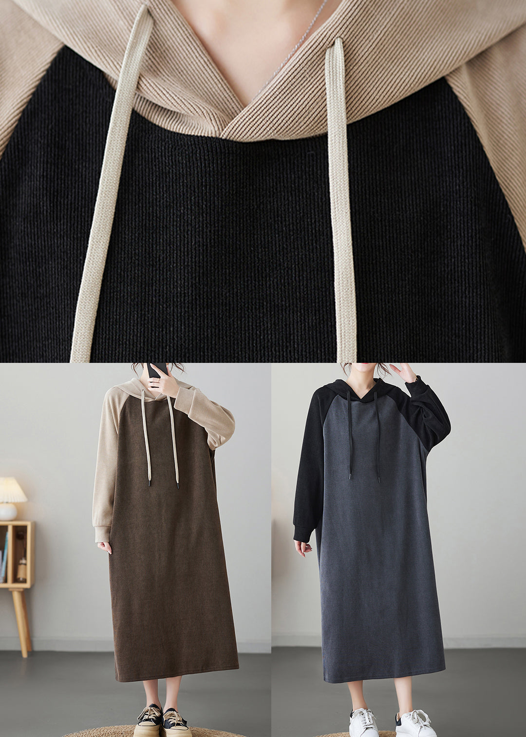 Oversized Coffee Patchwork Long Hooded Dresses Winter