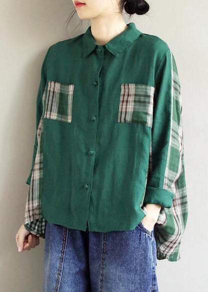 Lapel Patchwork Spring Blouse Fabrics Green Plaid Shirts