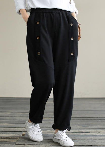 Vivid Black Jeans Spring Elastic Waist Patchwork Work Pant