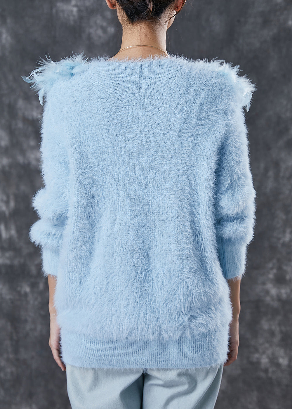 Art Blue V Neck Patchwork Mink Velvet Knitted Tops Winter