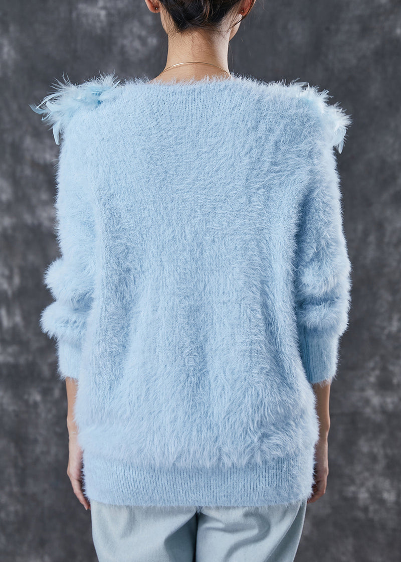 Art Blue V Neck Patchwork Mink Velvet Knitted Tops Winter