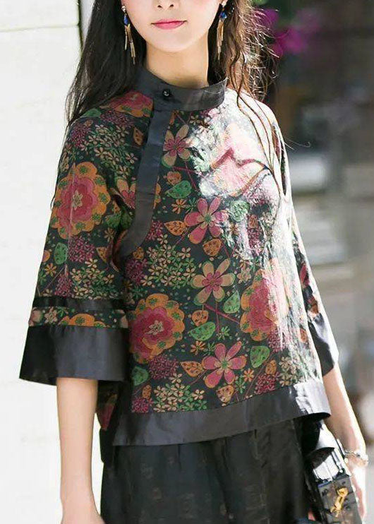 Modern Black Stand Collar Button Print Patchwork Silk Tops Spring
