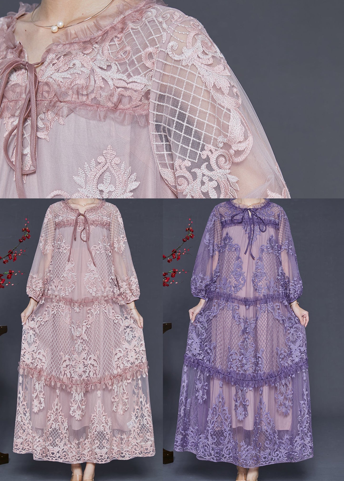 Pink Print Patchwork Tulle Long Dresses Spring