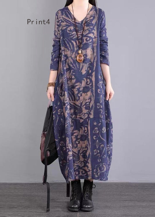 Print Patchwork Cotton Long Dresses V Neck Fall