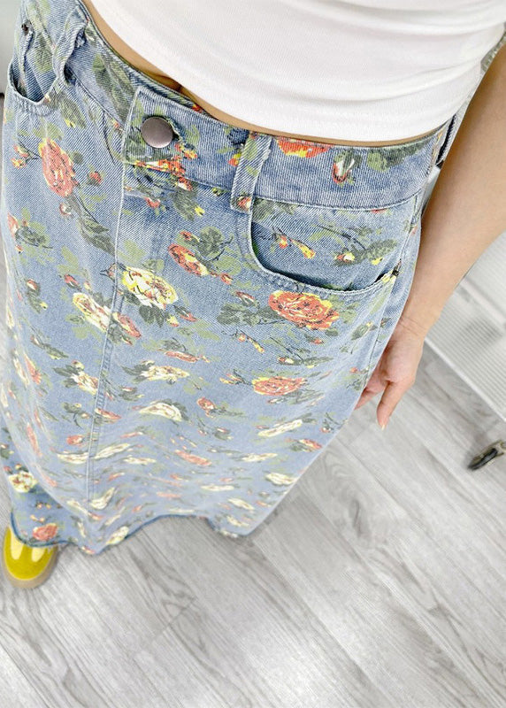 Light Blue Flower Print Denim a Line Skirts Fall