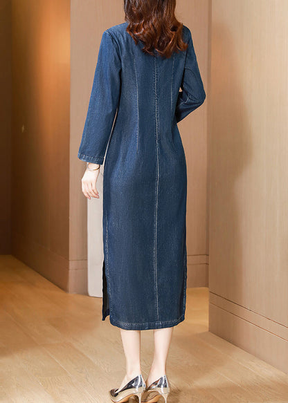 Chinese Style Blue Embroideried Patchwork Denim Long Dress Fall