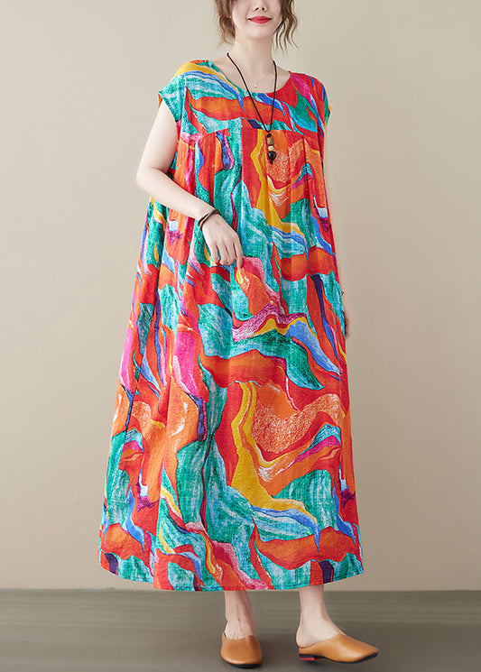 Red O-neck Patchwork Print Linen Beach Long Dresses Short Sleeve