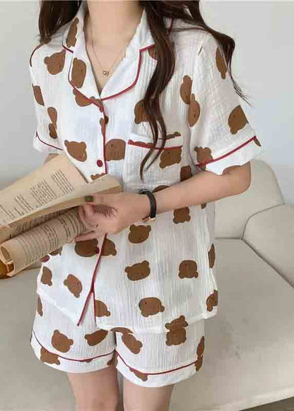 Oversized Bear Print Cotton Pajamas Two Pieces Set Summer
