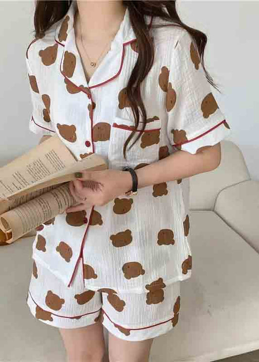 Oversized Bear Print Cotton Pajamas Two Pieces Set Summer