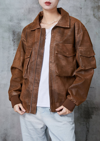 Diy Brown Oversized Pockets Faux Leather Coats Spring