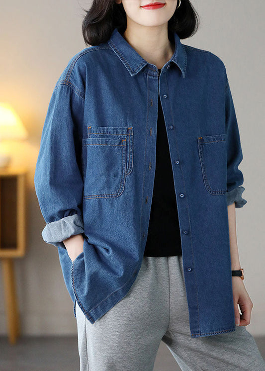 Blue Peter Pan Collar Pockets Cotton Denim Shirts Spring